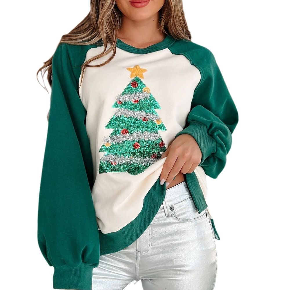 Women's Clothing Christmas tree beads plus velvet sweater women's pullover long sleeved loose top autumn and winter style_voghion.com