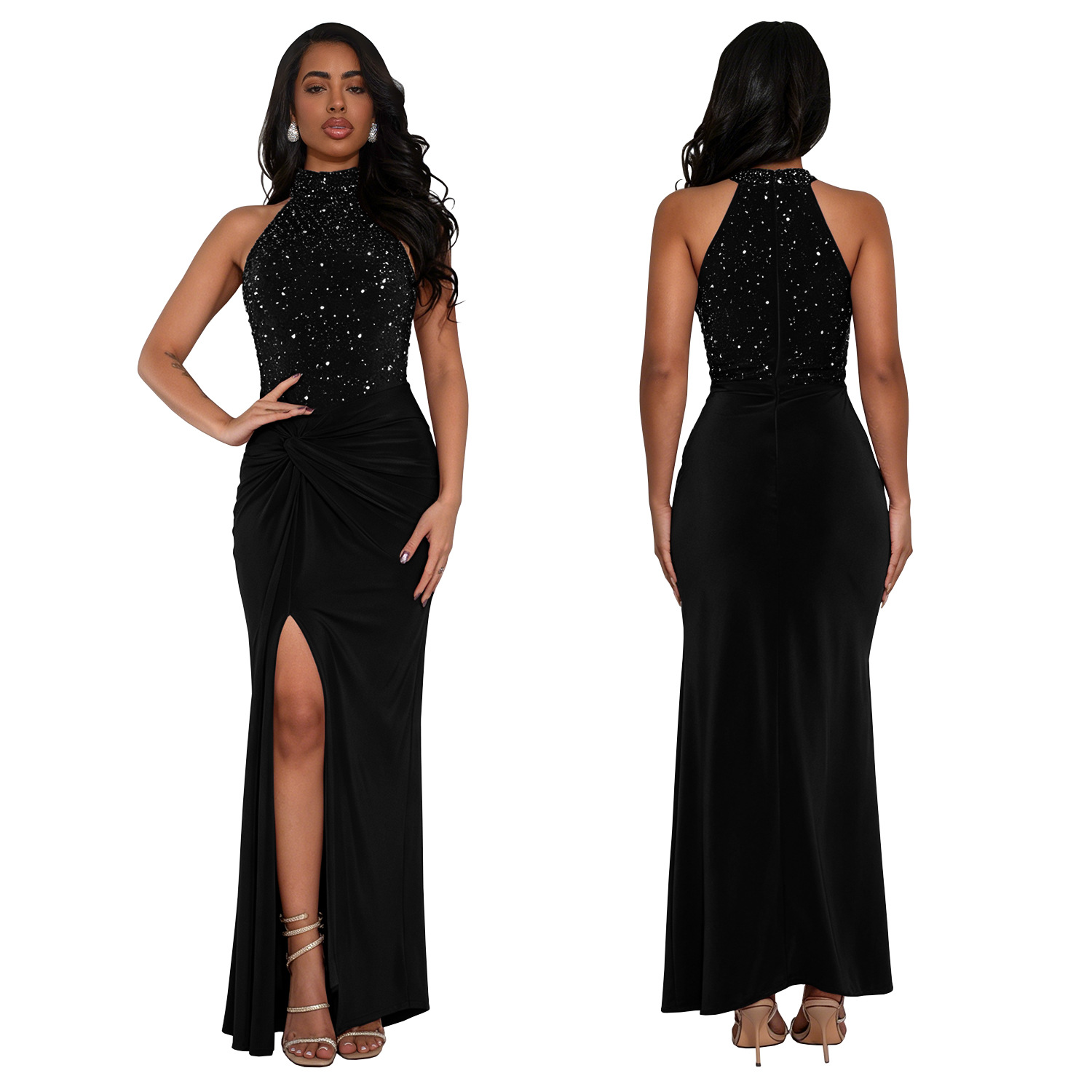 C7706 cross-border AliExpress Amazon Europa y América moda de mujer sexy hombro abierto perlas de diamante caliente vestido bifurcado image 6