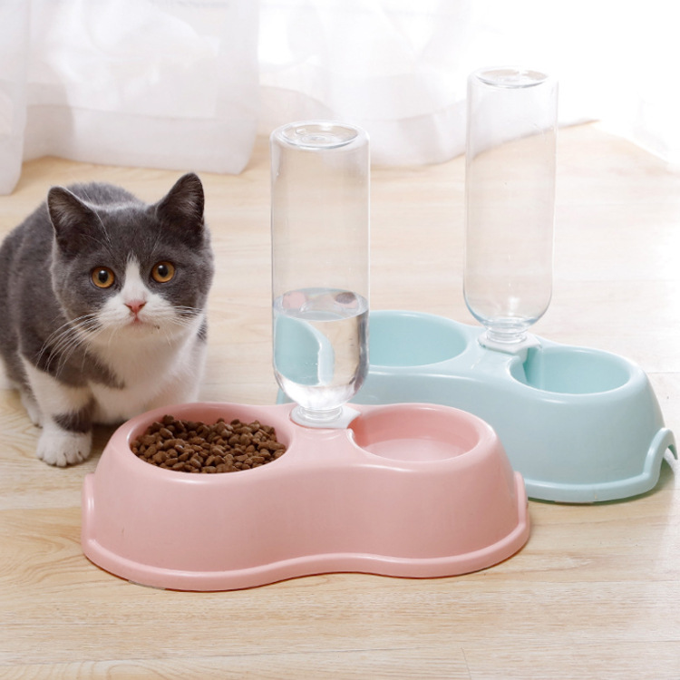 现货批发进食饮水双碗  马卡龙色双用猫碗  带饮水瓶圆形塑料狗碗