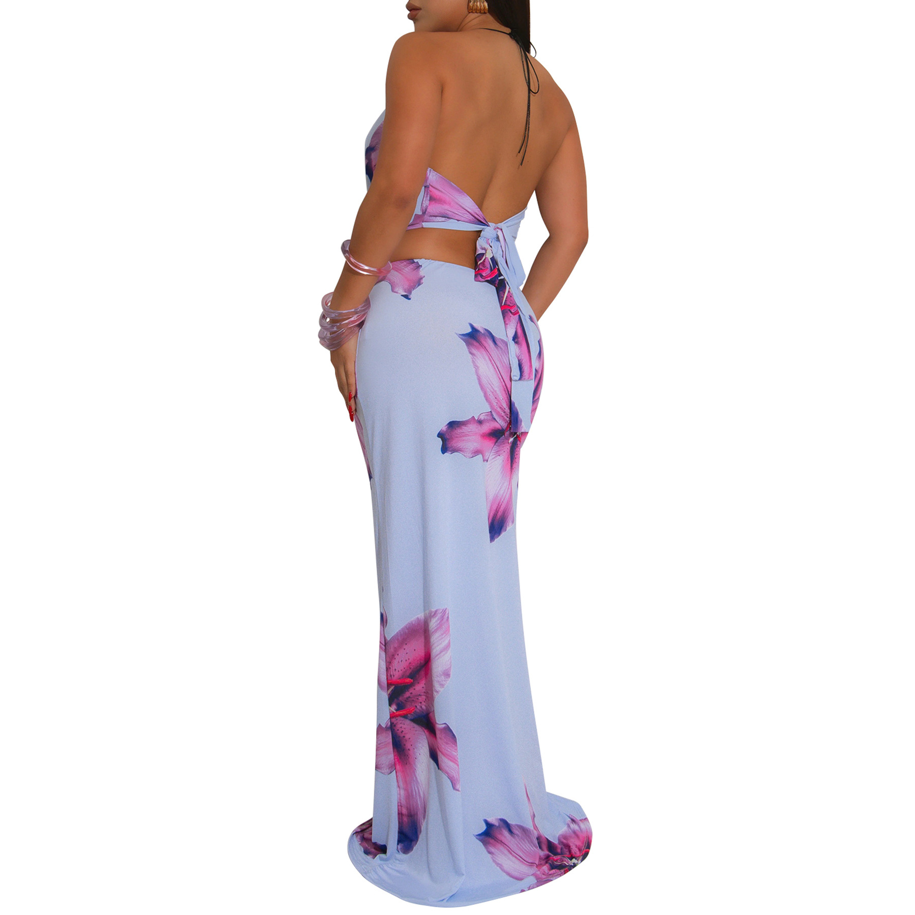 402g Weight Sleeveless Sleeve Length Polyester Fabric Type Skirt Co-ord Set Sets Type 2 Pieces Set Quantity Casual, Holiday Occasion Halter Neck Neckline Slim Fit Type Flower Pattern Summer Season Women's Gender Sexy, Streetwear Style Casual Holiday Women's Sexy Streetwear Flower Polyester Skirt Co-ord Set Skirt Sets 5