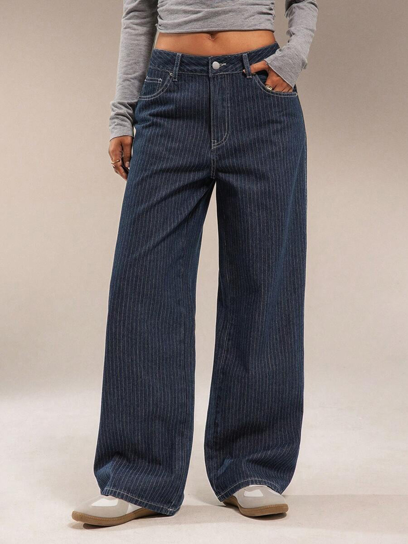 European And American Cross-border Women's Jeans, 2025 Autumn New Style, Blue Striped Casual Straight-le,_ecoleips.com