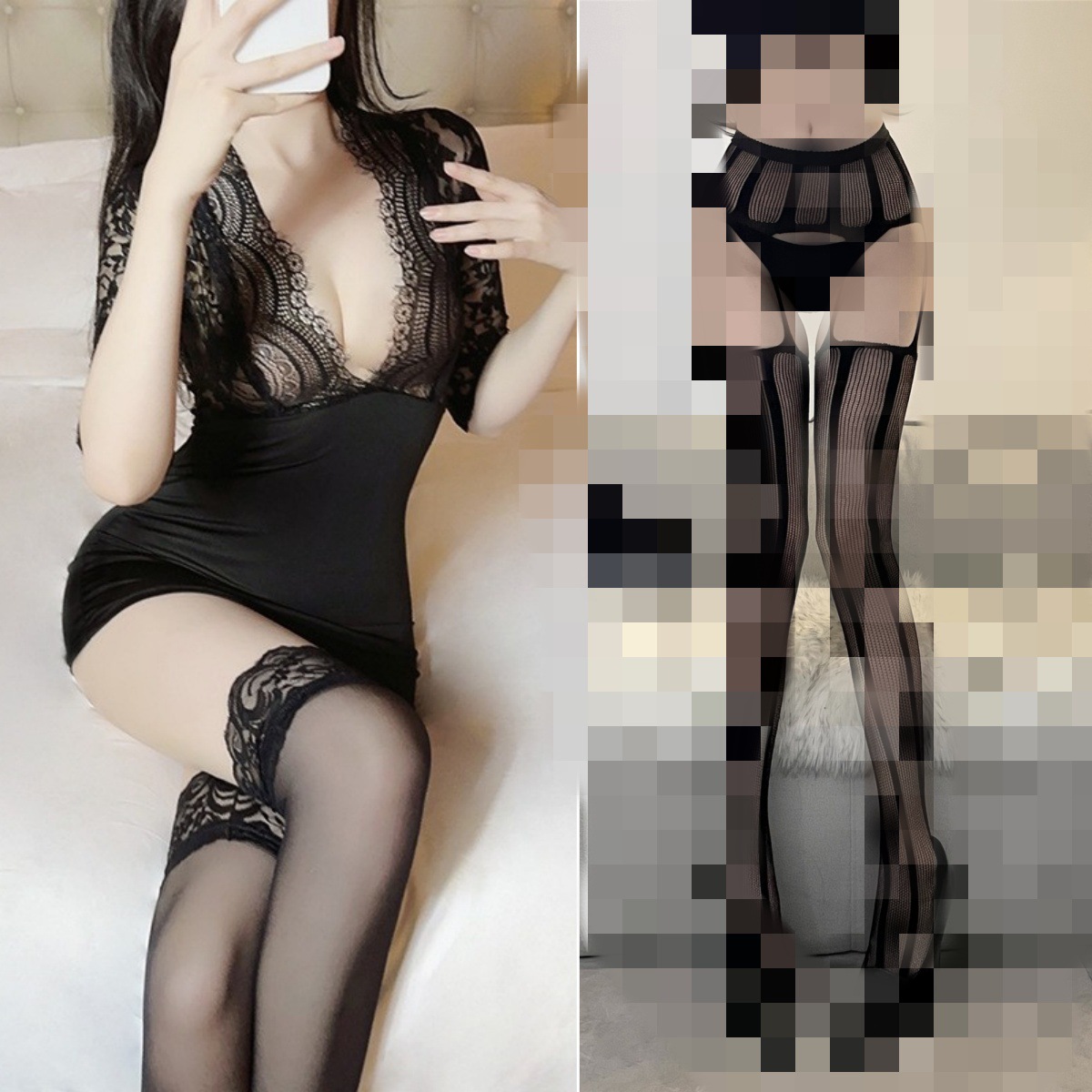 [추천 코디] 힙허깅 스커트 (블랙 오픈 포함) + 스트라이프 가터 스타킹