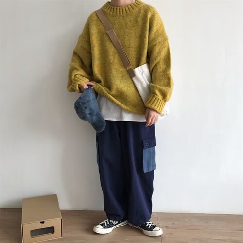 Men's Winter Round Neck Sweater, Loose Fit, Japanese Style, Couple's Student Knit Top, Trendy Base Knitwear
