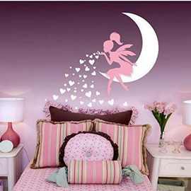 坐在月亮上撒爱心的小仙女图案 女孩房间装饰创意精雕墙贴