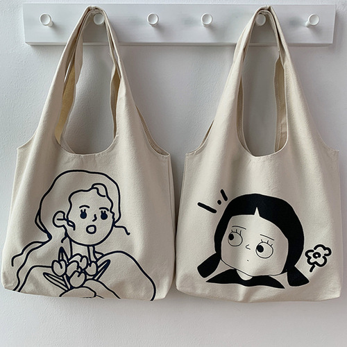 Korean version large capacity lazy style ins portable shoulder bag shopping bag simple literary and cute canvas bag school bag for women