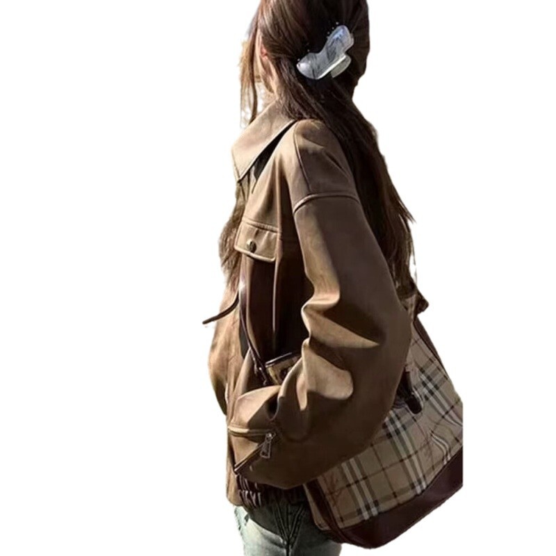 高級感ブラウンカレー色皮衣女2024冬新商品韓国版香港風レトロ皮ジャケット美ラードショートコート|undefined