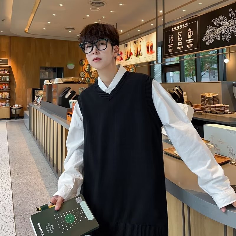 2022 Middle-Aged and Elderly Men's Wool Sweater V-Neck Vest Solid Color Sleeveless Knitted Wool Sweater