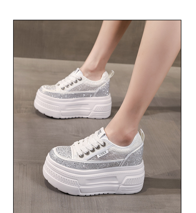 Giày sneaker nữ đế dày tăng chiều cao, phối đá rhinestone trắng, phong cách thể thao — màu trắng chi tiết 12