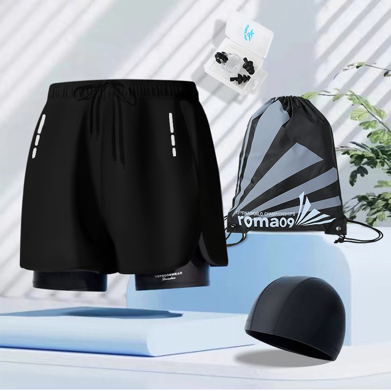 Black trousers, beach swimming cap, nose clip, earplugs