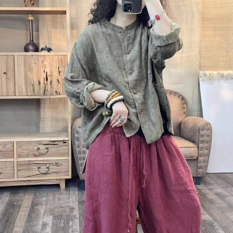 炒色亚麻开衫女 2025秋新款文艺气质复古宽松立领单排扣开衫上衣|undefined