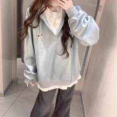 浅蓝色小狗刺绣假两件连帽卫衣女秋季宽松慵懒风设计感小众上衣薄