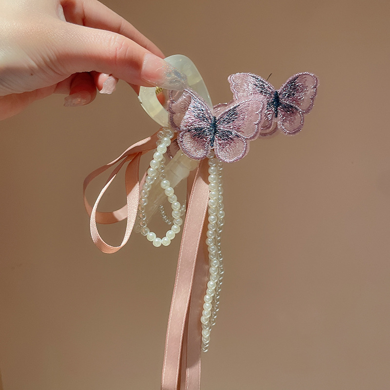 New Chinese Style Butterfly Pearl Ribbon Tassel Hairpin Mori Style Back of Head Disc Shark Clip Elegant Chinese Style Hair Accessories