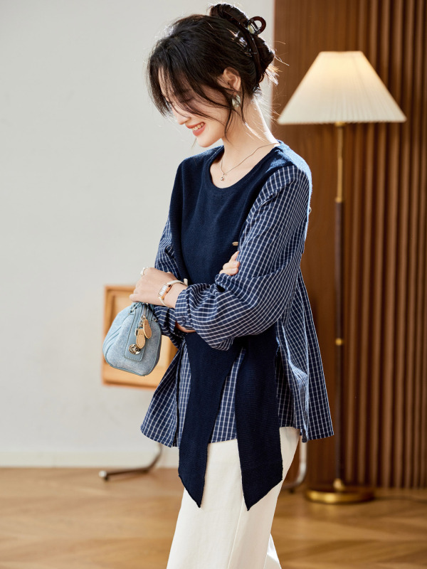 棉茧 假两件格子衬衫女2025秋冬装新款设计感针织披肩上衣衬衣|undefined
