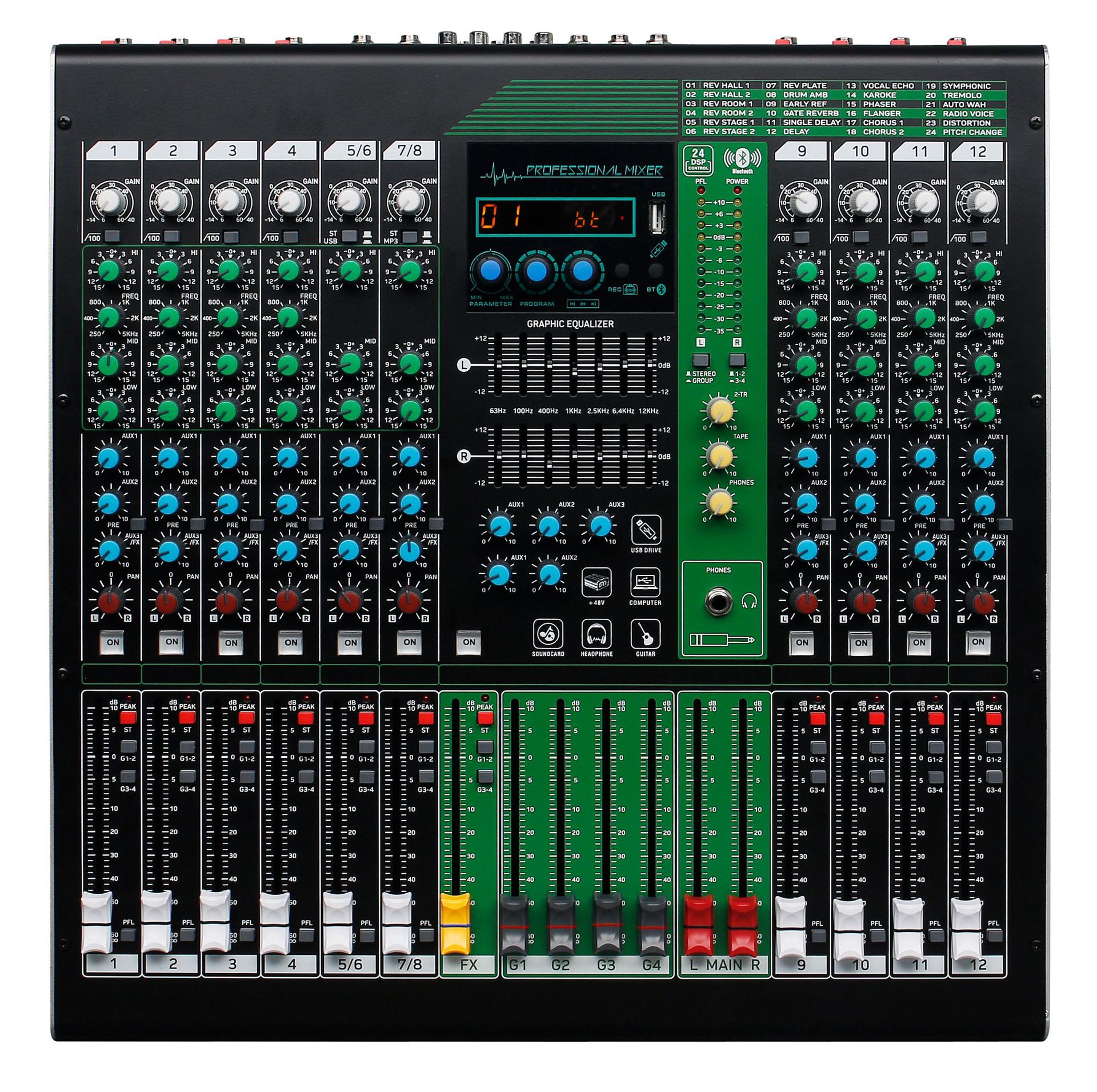 Mezclador profesional 12/16/24 carretera etapa banda rendimiento Conferencia pequeño USB portátil con Bluetooth Monitor DJ