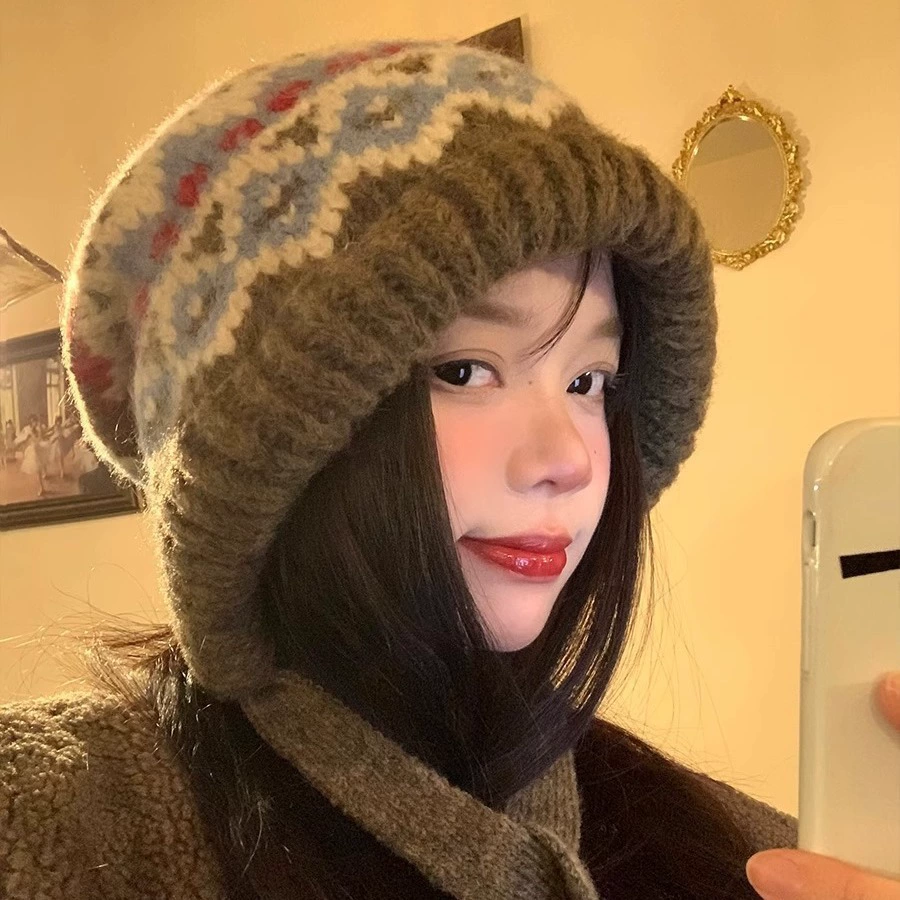 Knitted winter retro knitted hat, keep warm woolen bag