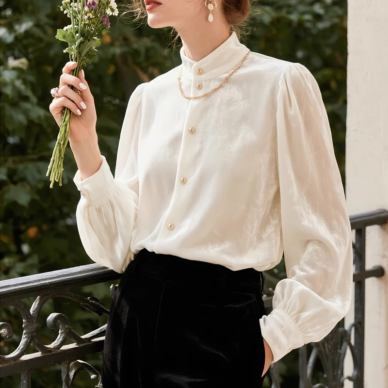 White Velvet Shirt with Stand Collar for Women, 2025 Autumn and Winter New Design, Niche Long-Sleeve Shirt with a High-End Feel