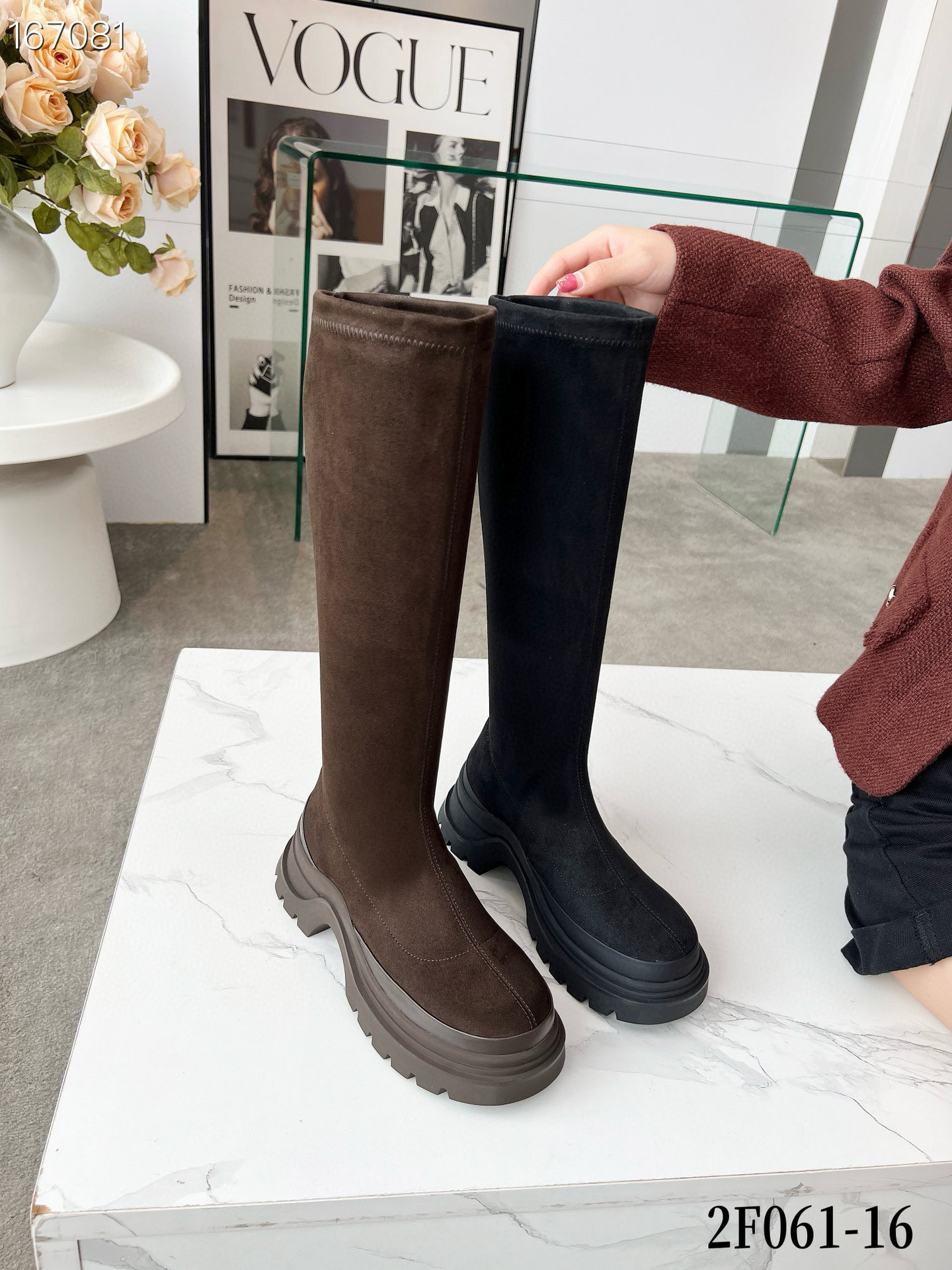 Boot nữ cổ cao ôm bắp chân da mờ mũi tròn gót thấp đàn hồi — Màu đen, Màu cà phê chi tiết 7