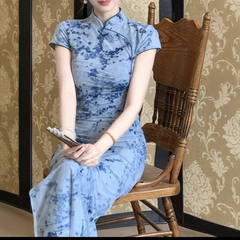 Plum Blossom Chinese Style Retro Modified For Women, Summer Cheongsam Collar Waist-Cinching Dress, 2025 New Model,_ecoleips.com