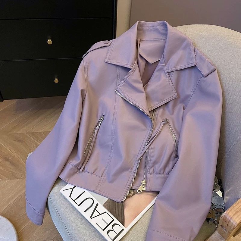 Wholesale Korean Lapel Leather Jacket for Women, Spring and Autumn, High-End, Loose Fit, Petite, Biker Short Jacket Top