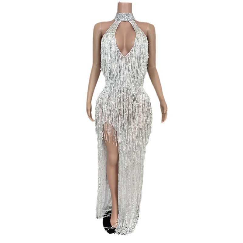 Temperament Socialite Neck Tassel Long dress Concert Dancer Performance Suit Cocktail Party Social Evening Dress