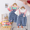 Children's overall, summer set, rainbow comfortable denim trousers, with short sleeve, 2024 years