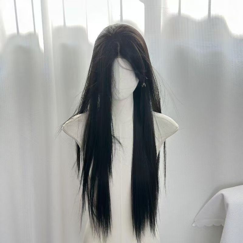 【White Moonlight】60Cm Black Long Straight Wig with Middle Part and Bangs, Universal Cosplay Realistic Full Wig