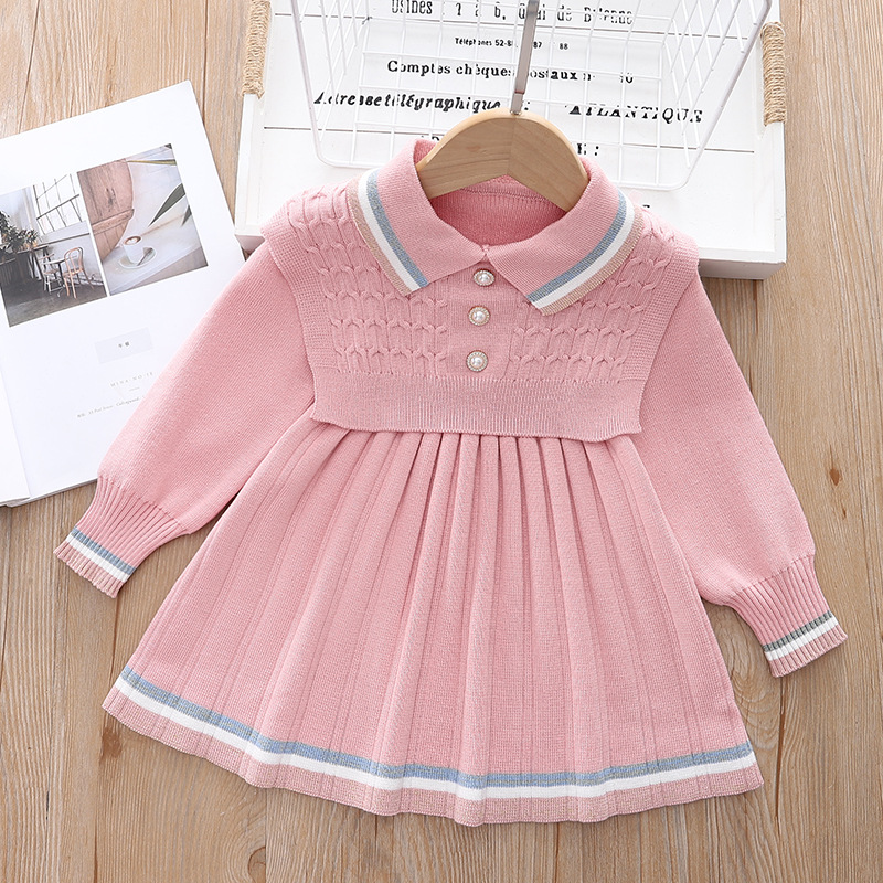 Kinder 2024 Neues Pulloverkleid Zweiteiliges Set Mädchenweste + Kleid Gestrickter Wollrock_voghion.com