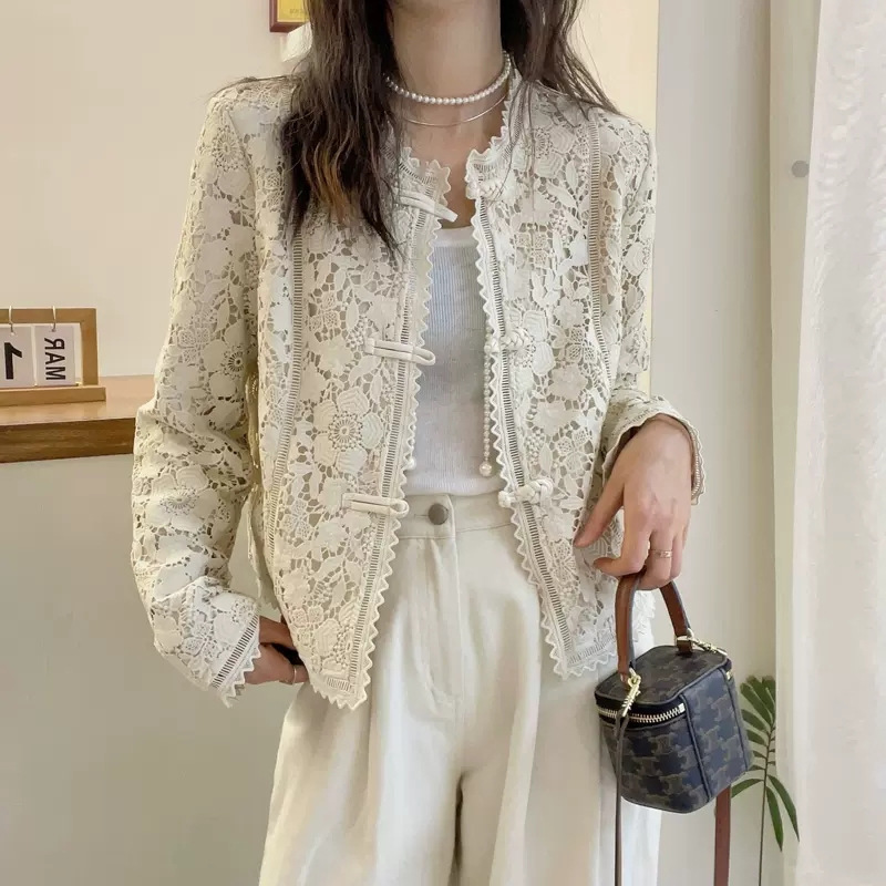 新中式蕾丝圆领勾花洋气外套防晒衣镂空针织宽松长袖开衫女士外套|undefined