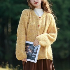跨境慵懒风软糯宽松毛衣开衫外套女秋冬新款温柔风黄色针织衫上衣