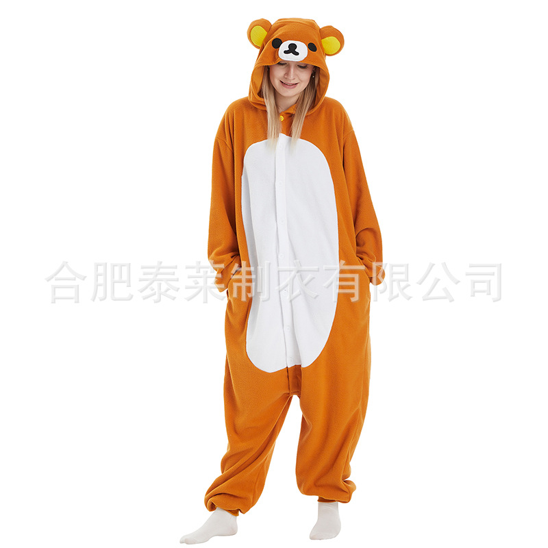 In-Stock Cross-Border Cartoon Fleece Jumpsuit Pajamas for Men and Women, Thickened and Warm, Suitable for Wearing Outside, Featuring Rilakkuma
