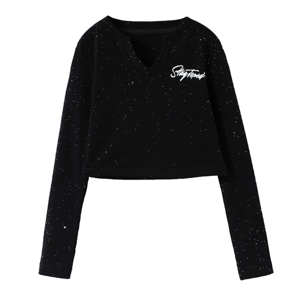 Black long-sleeve, V-neckline