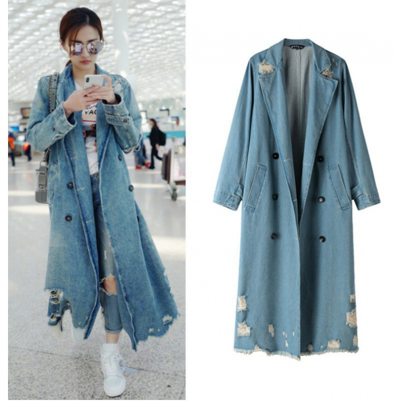 Xu Lu And Qi Wei Celebrity Style Autumn And Winter Ripped Y Trench Coat Long Over-The-Knee Denim Jacket For Men And Women