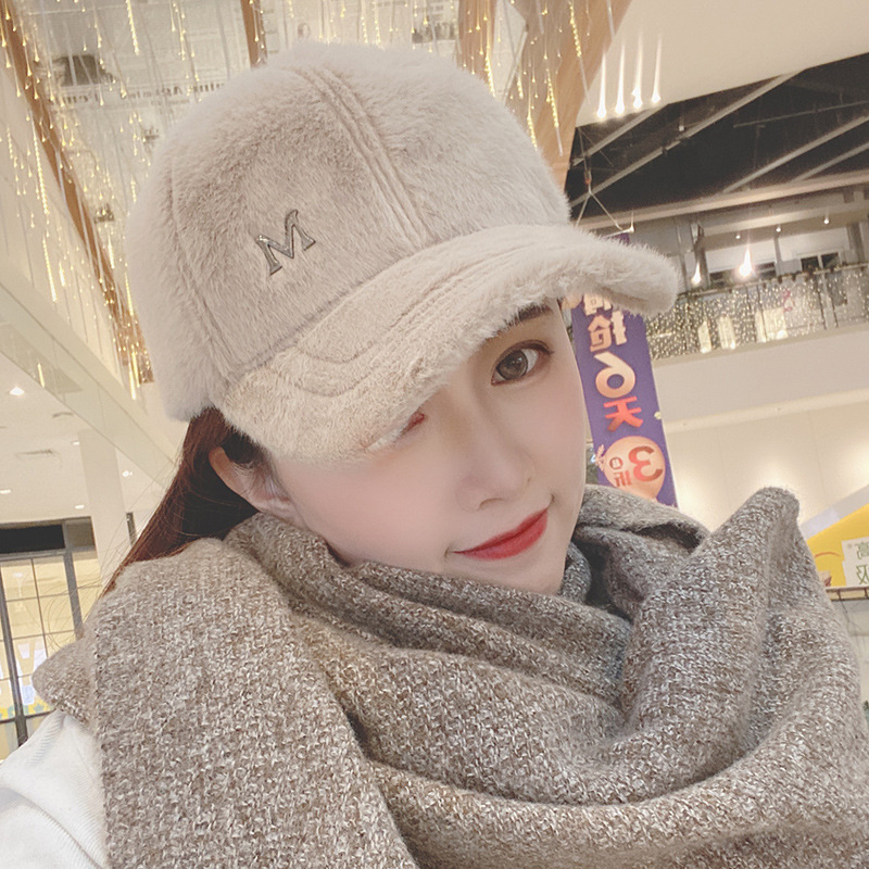 日本M兔毛毛绒帽子男女秋冬季加厚保暖鸭舌帽韩版潮街头棒球帽潮 