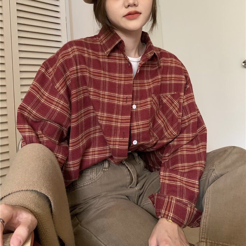 Hong Kong Style Vintage Wine Red Plaid Shirt Women's Spring and Autumn Lapel Salt Style Outer Wear Design Sense Shirt Loose Long-sleeved Top