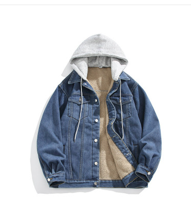 Falso abrigo de mezclilla con capucha de dos piezas para hombre primavera y otoño American High Street Pu Shuai calle frita suelta chaqueta juvenil de alto grado