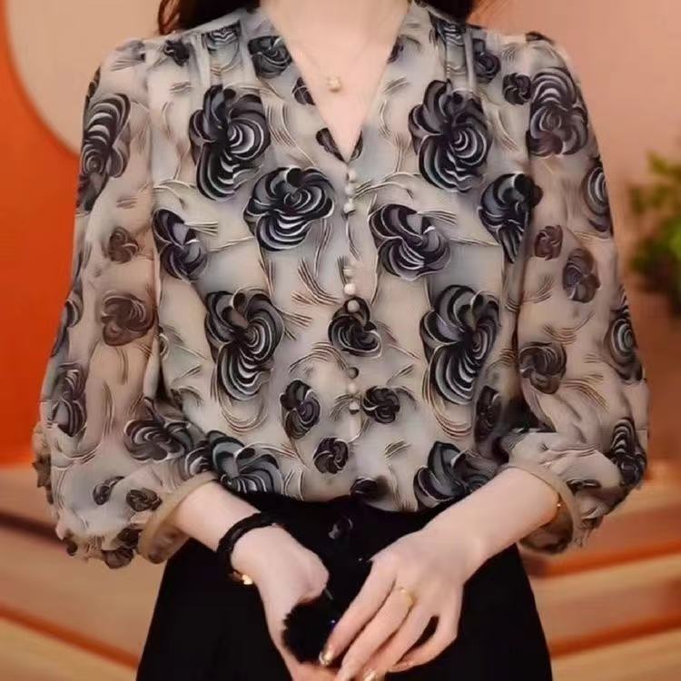 plus size Seven-point Sleeve Shirt Summer New Fashionable Lightweight Breathable Floral Stylish Meat Covering All-match Age-reducing Top for Women