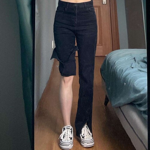 Women's Black Denim Straight-Leg Pants with a Chic Hong Kong Vibe, Loose High-Waisted, Slimming, Flowy, Floor-Length, Trendy