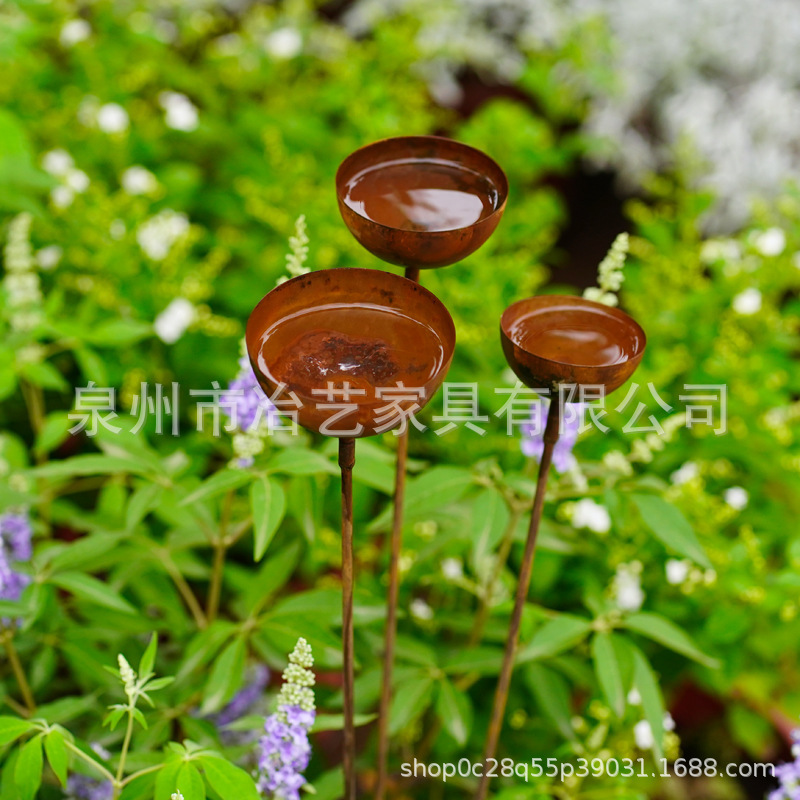 跨境花园生锈雨水收集器装饰，户外三杯一体雨水容器地插|undefined