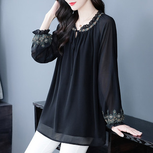 Autumn New Mesh Elegant Embroidered Long-Sleeved Fashion Shirts Women's Tops for Fat mm Loose Middle-Aged and Elderly Mothers