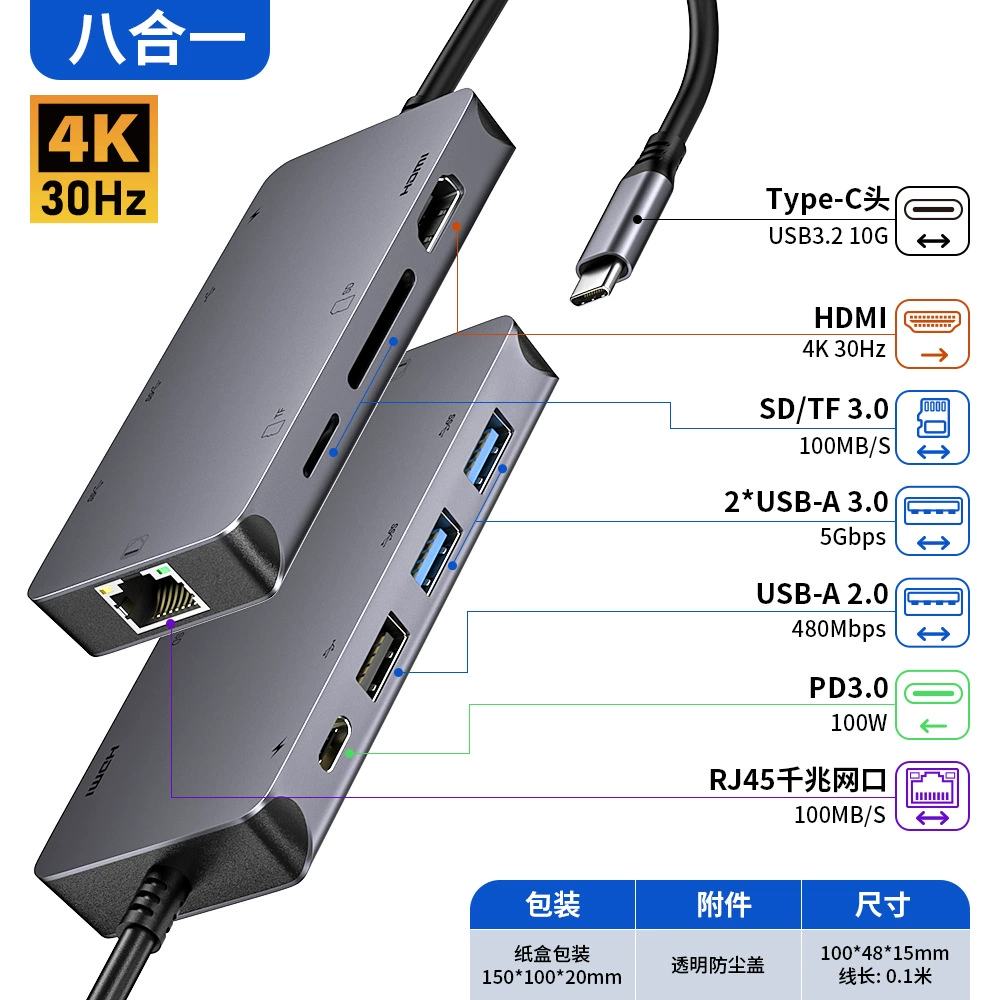 Док-станция Type-C с расширением, HD 4K дисплей, USB3.0/гигабитный сетевой порт, сплиттер, восьмив-один HUB