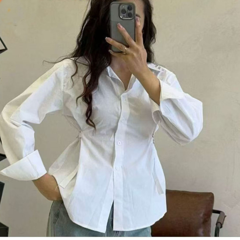 European and American Cross-Border Lace-Up Slim Shirt New Slim Long-Sleeved Temperament Waist-Cinching Row of Buttons Russia European and American Cross-Border Lace-Up Slim Shirt New Slim Long-Sleeved Temperament Waist-Cinching Row of Buttons Russia