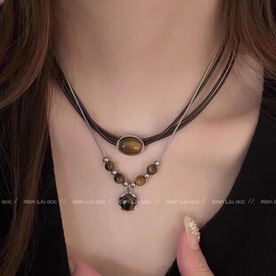 Leather Tiger Eye Necklace Women's Vintage Elegant Sweater Chain Light Luxury Niche Stacked Chinese Style Collarbone Chain Sweater Accessories