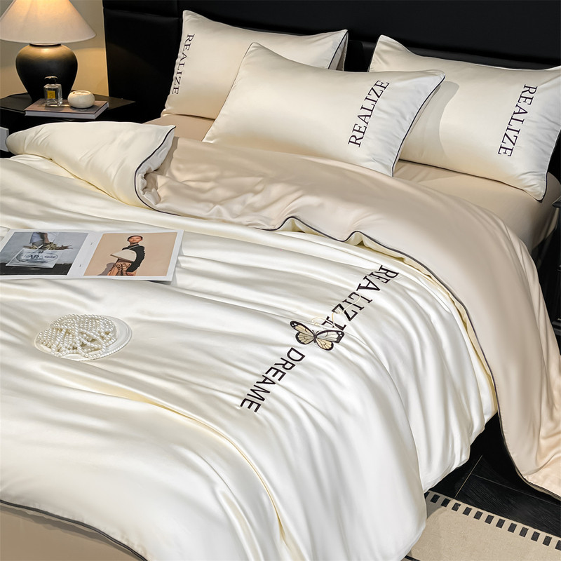 Washable Silk Luxury Embroidered Four-Piece Set, Ice Silk Bed Sheet, Duvet Cover, Fitted Sheet, Bedding Set, Embroidered Fitted Sheet Style