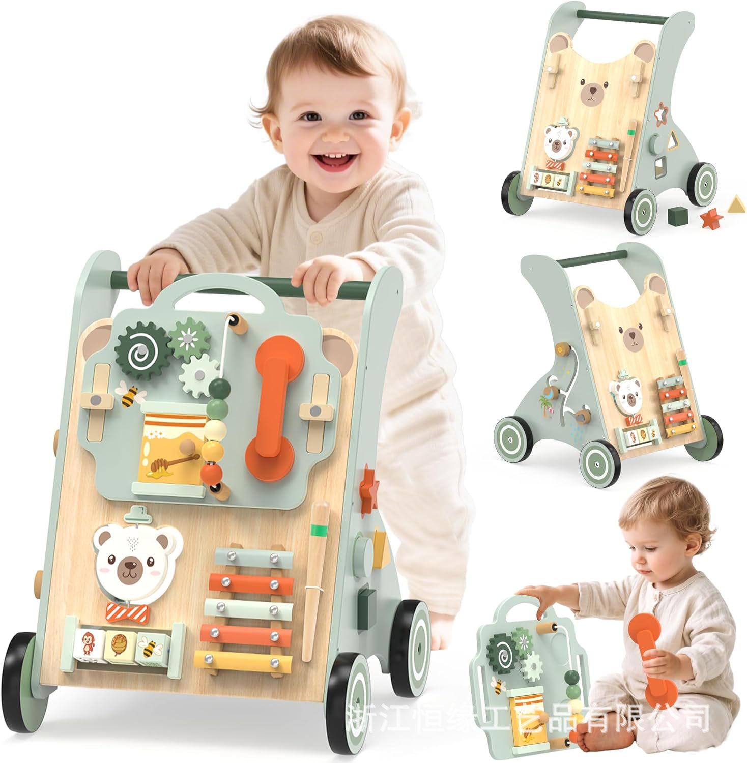 Caminador de Madera Multifuncional para Bebés de 1-3 Años Antivuelco con Freno