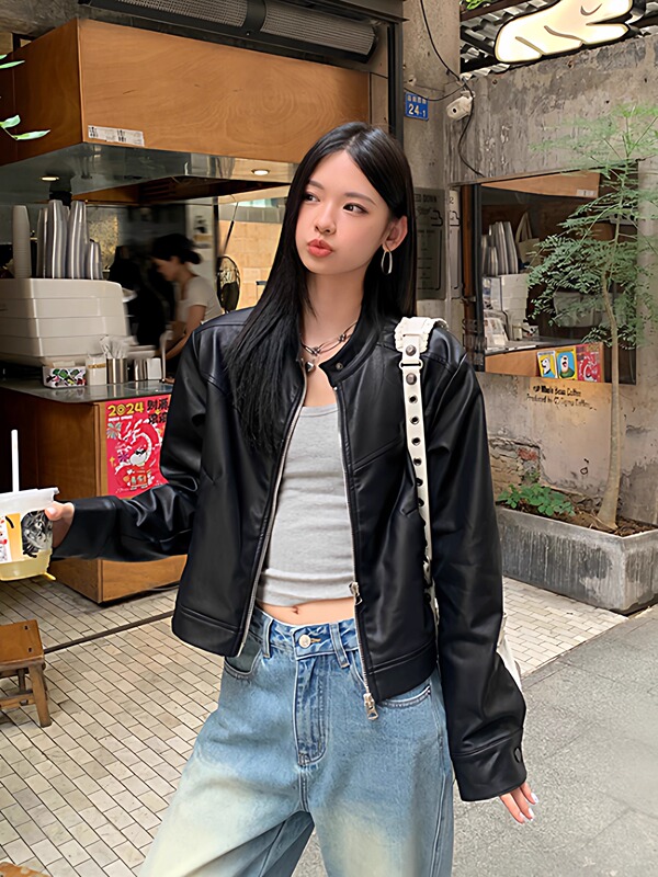 黑色短款皮衣外套女2025秋新款立领机车PU上衣飒酷风皮夹克小个子|undefined