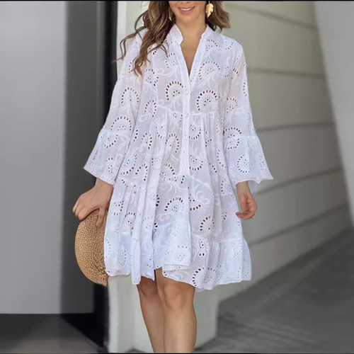 In stock: 2025 European and American cross-border spring/summer Amazon solid-color V-neck loose embroidered hollow-out lace dress