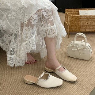 Japanese-Style Closed-Toe Mules for Women, Summer New Sweet Chanel-Style Color, Suitable with Skirts, Flat Lazy Mules