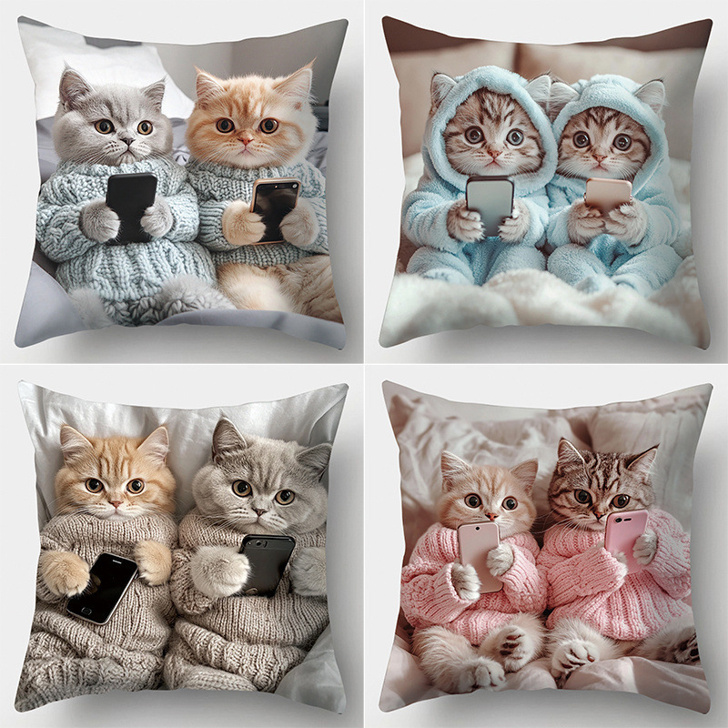 Cross-Border Hot-Selling Cute Pet Cat Playing with Mobile Phone Printed Pillowcase Cute Pet Cartoon Cushion Cover Sofa Decorative Pillowcase