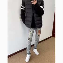 潮牌跨境高街字母烫钻破补丁设计感时尚修身小脚弹性长牛仔裤男装