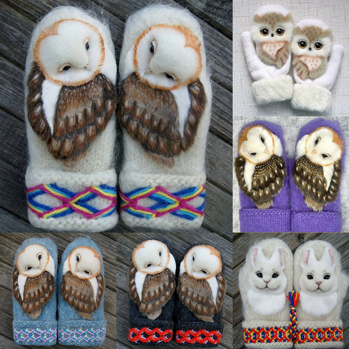 Зимние дамы мелких животных кролика меховые Плюшевые Перчатки коричневые сова с трехмерным кристаллом глаз теплые перчатки